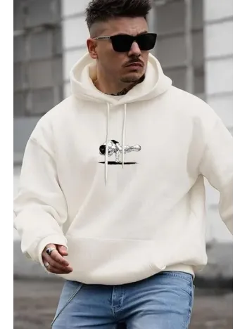 Erkek Baskılı Kapüşonlu Ve Kordon İpli Sweat - Beyaz Erkek Baskılı Kapüşonlu Ve Kordon İpli Sweat - Beyaz
