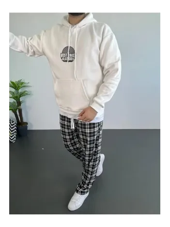 Erkek Baskılı Üç İplik Kapüşonlu Oversize Sweatshirt - Beyaz