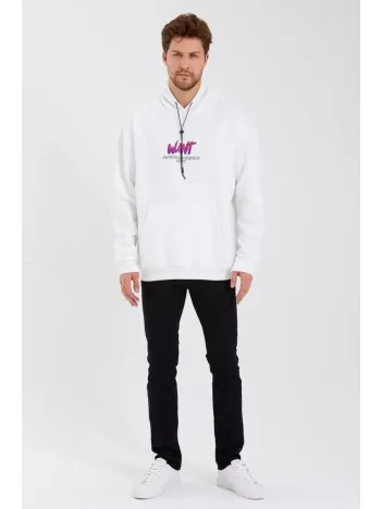 Erkek Baskılı Üç İplik Kapüşonlu Oversize Sweatshirt - Beyaz