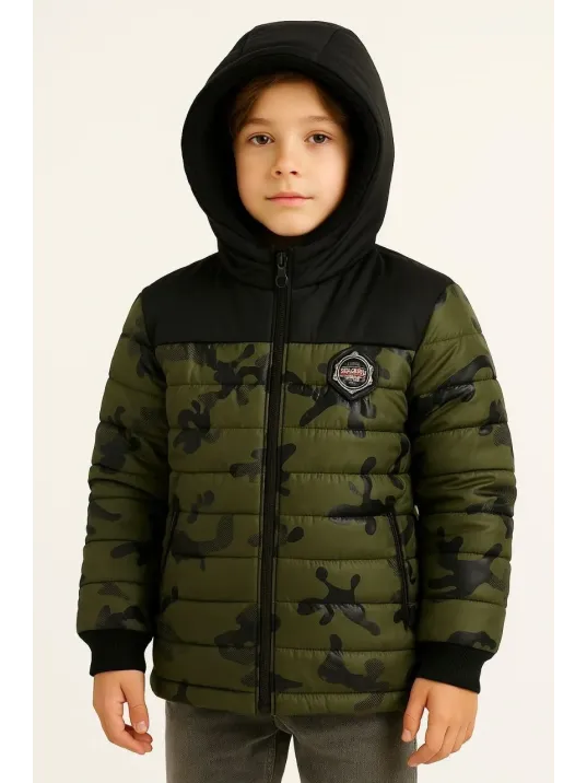 Erkek Çocuk Kamuflaj Desenli Mont İçi Sıcak Tutan Pelüş Astarlı, Kapüşonlu, Fermuarlı Kışlık Su İtici Şişme Mont - Haki