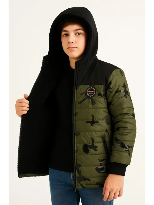 Erkek Çocuk Kamuflaj Desenli Mont İçi Sıcak Tutan Pelüş Astarlı, Kapüşonlu, Fermuarlı Kışlık Su İtici Şişme Mont - Haki