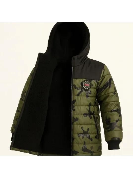 Erkek Çocuk Kamuflaj Desenli Mont İçi Sıcak Tutan Pelüş Astarlı, Kapüşonlu, Fermuarlı Kışlık Su İtici Şişme Mont - Haki