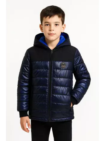 Erkek Çocuk Kamuflaj Desenli Mont İçi Sıcak Tutan Pelüş Astarlı, Kapüşonlu, Fermuarlı Kışlık Su İtici Şişme Mont - Lacivert