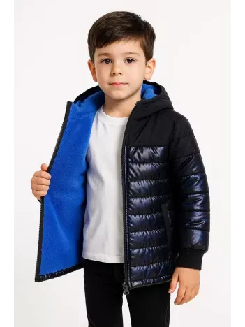 Erkek Çocuk Kamuflaj Desenli Mont İçi Sıcak Tutan Pelüş Astarlı, Kapüşonlu, Fermuarlı Kışlık Su İtici Şişme Mont - Lacivert