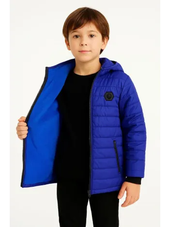 Erkek Çocuk Mont İçi Pelüş Kürk Astarlı, Kapüşonlu Fermuarlı Kışlık Şişme Sıcak Tutucu Mont - Saks Mavisi