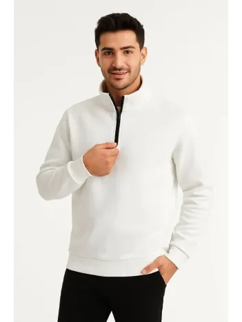Erkek Dik Yaka Sweatshirt Dik Yaka Yarım Fermuarlı 3 İplik Şardonlu Pamuk Kumaş - Beyaz