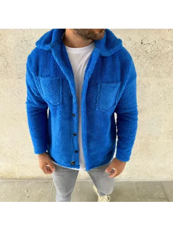 Erkek Pelüş Polar Hırka Gömlek – Yakalı, İlik Düğmeli, Göğüs Cepli, Yumuşak Dokulu Kışlık Regular Fit Rahat Günlük Model - Saks Mavisi