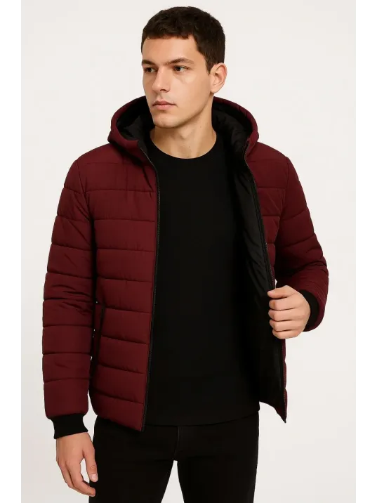Erkek Şişme Kapüşonlu Fermuarlı Mont Su İtici Kapitone Astarlı Kumaş Cepli Kışlık Rahat Kalıp - Bordo