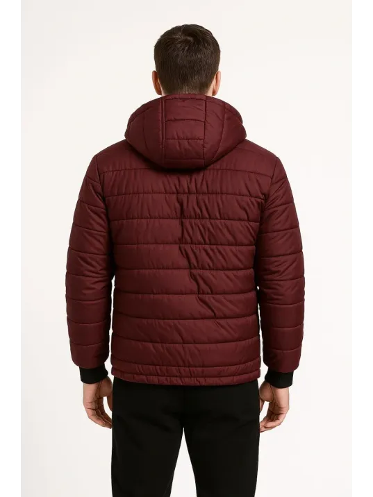 Erkek Şişme Kapüşonlu Fermuarlı Mont Su İtici Kapitone Astarlı Kumaş Cepli Kışlık Rahat Kalıp - Bordo