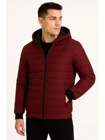 Erkek Şişme Kapüşonlu Fermuarlı Mont Su İtici Kapitone Astarlı Kumaş Cepli Kışlık Rahat Kalıp - Bordo