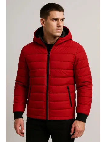 Erkek Şişme Kapüşonlu Fermuarlı Mont Su İtici Kapitone Astarlı Kumaş Cepli Kışlık Rahat Kalıp - Kırmızı