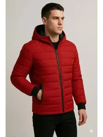 Erkek Şişme Kapüşonlu Fermuarlı Mont Su İtici Kapitone Astarlı Kumaş Cepli Kışlık Rahat Kalıp - Kırmızı