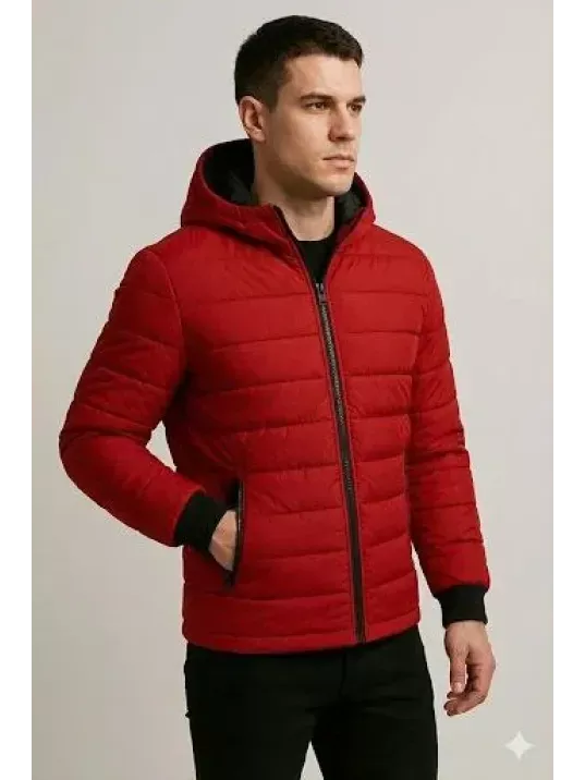Erkek Şişme Kapüşonlu Fermuarlı Mont Su İtici Kapitone Astarlı Kumaş Cepli Kışlık Rahat Kalıp - Kırmızı