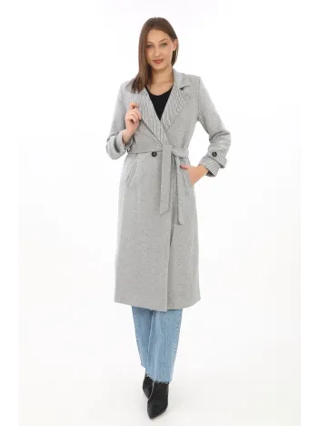 Kadın Balık Sırtı Kaşe Kaban – Uzun Boy Kruvaze Yaka Kuşaklı Astarlı Kışlık Tesettür Kaban, Yünlü Dokuma Kaşmir Kumaş, Cepli Rahat Oversize Kalıp Şık Modern Kaban Mont Modeli (günlük Ve Özel Gün Kombinlerine Uygun) - Gri