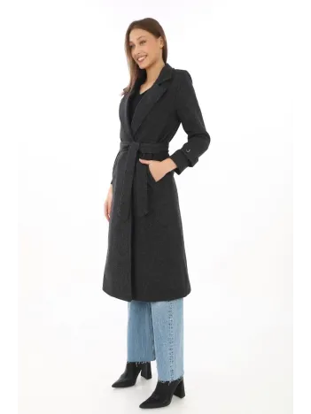 Kadın Balık Sırtı Kaşe Kaban – Uzun Boy Kruvaze Yaka Kuşaklı Astarlı Kışlık Tesettür Kaban, Yünlü Dokuma Kaşmir Kumaş, Cepli Rahat Oversize Kalıp Şık Modern Kaban Mont Modeli (günlük Ve Özel Gün Kombinlerine Uygun) - Siyah