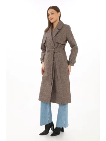 Kadın Balık Sırtı Yünlü Dokuma Kaşe Kaban – Kruvaze Yaka, Kuşaklı, Cepli, Astarlı Uzun Boy Tesettür Şık Kışlık Kaşe Kaban Modeli - Vizon