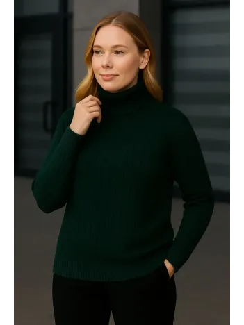 Kadın Balıkcı Yaka Bağazlı Triko Kazak Pamuklu Kalın Fitilli Dokuma - Haki