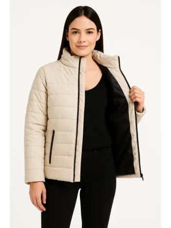 Kadın Bomber Mont Ceket – Su İtici Kumaş, Kapitone Astarlı, Fermuarlı, Kışlık - Bej