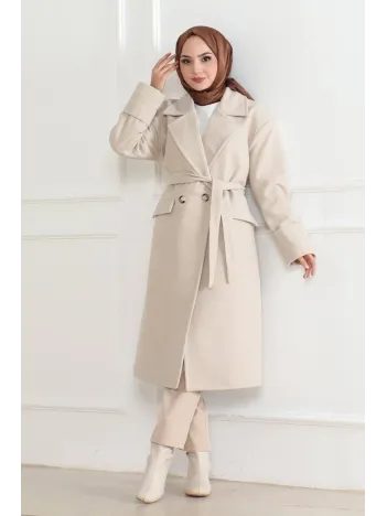 Kadın Kaşe Kaban – Uzun Boy Kruvaze Yaka Kuşaklı Tesettür Kaşe Kışlık Kaban, Astarlı Şık Yünlü Dokuma Oversize Rahat Kalıp Cepli Düğmeli Modern Kap Modeli - Bej