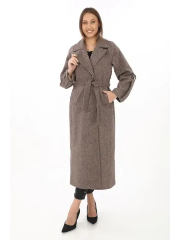 Kadın Uzun Kaşe Kaban – Yünlü Dokuma Kaşmir Kumaş, Kruvaze Yaka, Kuşaklı Astarlı Tesettür Uyumlu Şık Kışlık Siyah Model- Vizon