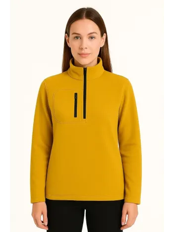 Kadın Polar Kazak – Dik Yaka, Yarım Fermuarlı, Fermuarlı Göğüs Cepli, Siyah Biyeli, Kışlık Rahat Regular Fit Günlük Model - Sarı