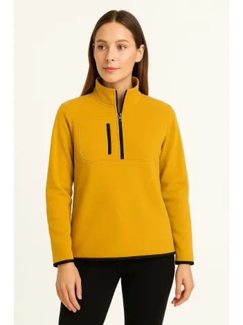 Kadın Polar Kazak – Dik Yaka, Yarım Fermuarlı, Fermuarlı Göğüs Cepli, Siyah Biyeli, Kışlık Rahat Regular Fit Günlük Model - Sarı