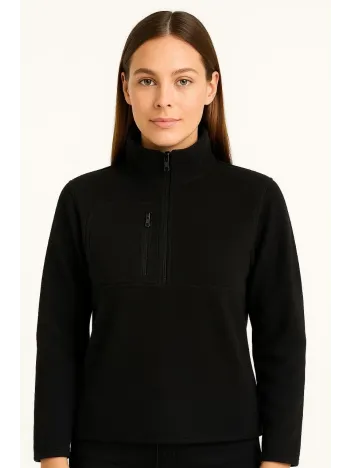 Kadın Polar Kazak – Dik Yaka, Yarım Fermuarlı, Fermuarlı Göğüs Cepli, Siyah Biyeli, Kışlık Rahat Regular Fit Günlük Model - Siyah