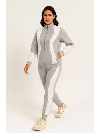 Kadın Premium Parçalı Eşofman Takım - Dik Yaka Fermuarlı Sweatshirt - Gri