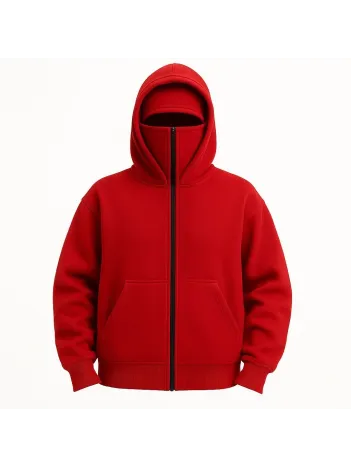Kadın Samuray Ninja Çift Kapüşonlu Maske Detaylı Fermuarlı Kanguru Cepli Hoodie - Kırmızı