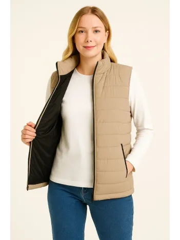 Kadın Şişme Fermuarlı Yelek Su İtici Kapitone Astarlı Kumaş Cepli Hafif Kışlık Spor Rahat Kalıp - Bej