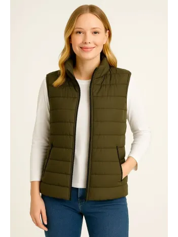 Kadın Şişme Fermuarlı Yelek Su itici Kapitone Astarlı Kumaş Cepli Hafif Kışlık Spor Rahat Kalıp - Haki