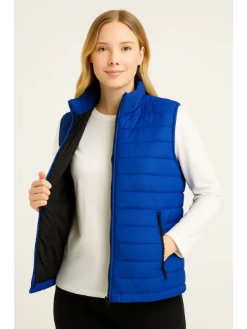 Kadın Şişme Fermuarlı Yelek Su İtici Kapitone Astarlı Kumaş Cepli Hafif Kışlık Spor Rahat Kalıp - Saks Mavisi