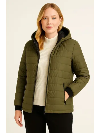 Kadın Şişme Kapüşonlu Fermuarlı Mont Su İtici Kapitone Astarlı Kumaş Cepli Kışlık Rahat Kalıp - Haki