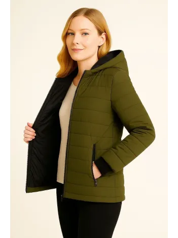 Kadın Şişme Kapüşonlu Fermuarlı Mont Su İtici Kapitone Astarlı Kumaş Cepli Kışlık Rahat Kalıp - Haki