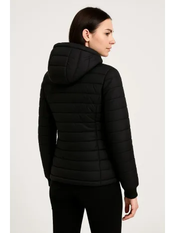 Kadın Şişme Kapüşonlu Fermuarlı Mont Su İtici Kapitone Astarlı Kumaş Cepli Kışlık Rahat Kalıp - Siyah