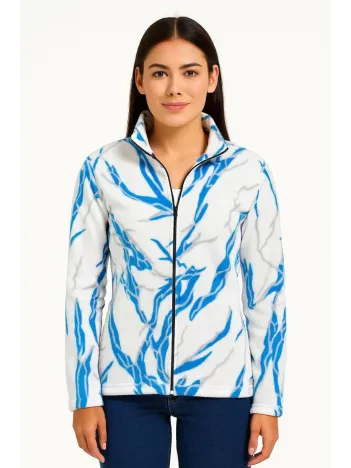 Kadın Tam Fermuarlı Desenli Polar Sweat Lightning Desen Yakalı, Uzun Kollu, Oversize Rahat Kalıp - Beyaz