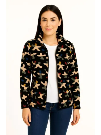 Kadın Tam Fermuarlı Desenli Polar Sweat – Siyah Multicolor Figür Desen Yakalı, Uzun Kollu, Oversize Rahat Kalıp - Siyah