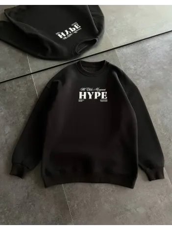 Kadın Üç İplik Bisiklet Yaka Baskılı Sweatshirt - Siyah