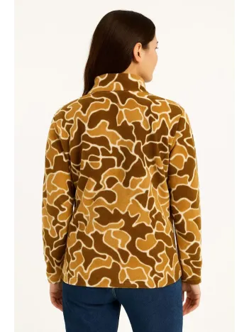 Kadın Yarım Fermuarlı Desenli Polar Sweat Yakalı, Uzun Kollu, Oversize Rahat Kalıp - Kahverengi