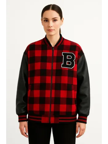 Kadın Kolej Ceket – Kareli Oduncu Kumaş, Kolları Suni Deri, Fermuarlı, İçi Kapitone Astarlı, Nakışlı Oversize Bahar & Kış Stil - Bordo