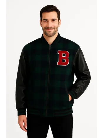 Erkek Kolej Ceket – Kareli Oduncu Kumaş, Kolları Suni Deri, Fermuarlı, İçi Kapitone Astarlı, Nakışlı Oversize Bahar & Kış Stil - Haki