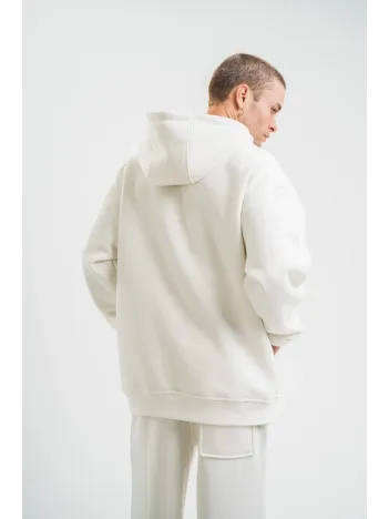 Unisex Double Oversize Kapşonlu Basic Sweatshirt - Beyaz