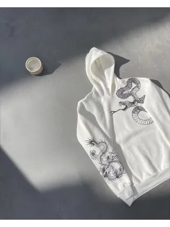 Uzun Kol Kapüşonlu Baskılı Sweatshirt - Beyaz
