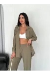 Yakalı Düğmeli Uzun Kollu Gömlek Pantolon İkili Takım - Bej