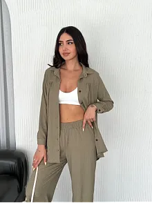 Yakalı Düğmeli Uzun Kollu Gömlek Pantolon İkili Takım - Bej