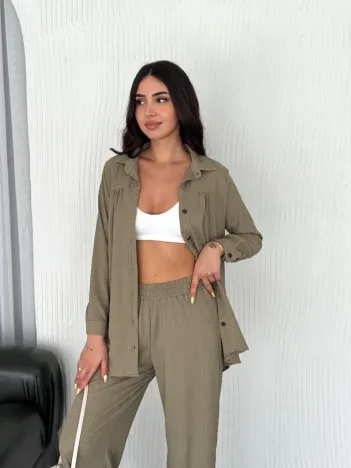 Yakalı Düğmeli Uzun Kollu Gömlek Pantolon ikili Takım - Bej Yakalı Düğmeli Uzun Kollu Gömlek Pantolon ikili Takım - Bej