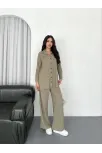 Yakalı Düğmeli Uzun Kollu Gömlek Pantolon İkili Takım - Bej