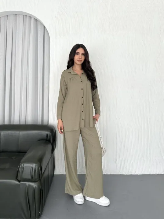 Yakalı Düğmeli Uzun Kollu Gömlek Pantolon ikili Takım - Bej