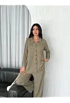 Yakalı Düğmeli Uzun Kollu Gömlek Pantolon İkili Takım - Bej