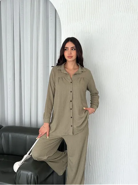 Yakalı Düğmeli Uzun Kollu Gömlek Pantolon İkili Takım - Bej